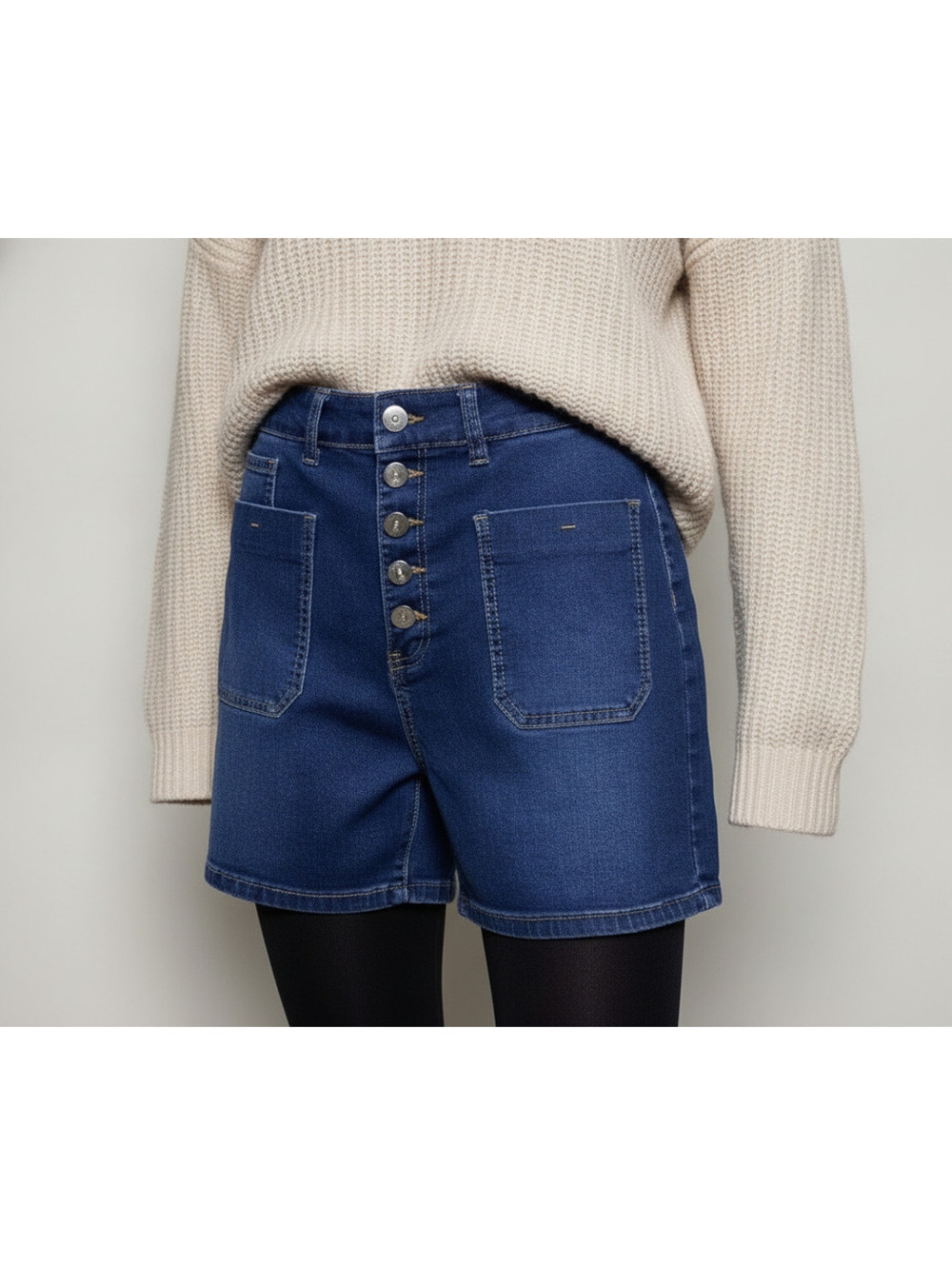 Womens Size XL Blue Denim Shorts Button Front Stretch Cotton Blend Bermudas